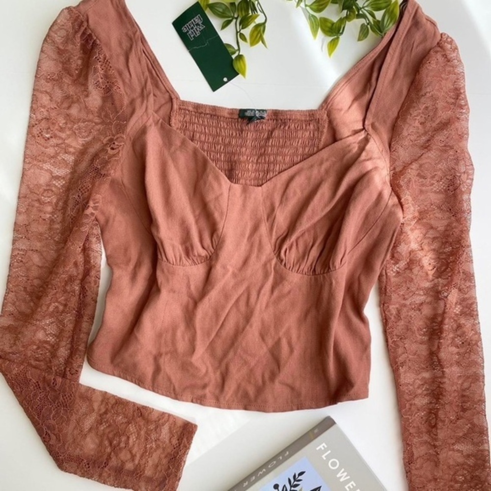 Wild Fable Romantic Feminine Women's Long Sleeve Pink Brown Lace Bustier Top XL